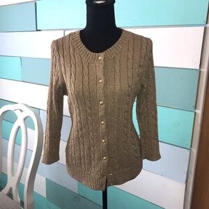 Talbots Gold Metallic Button Front Sweater Cardigan Size Petite Med 3/4 Sleeves